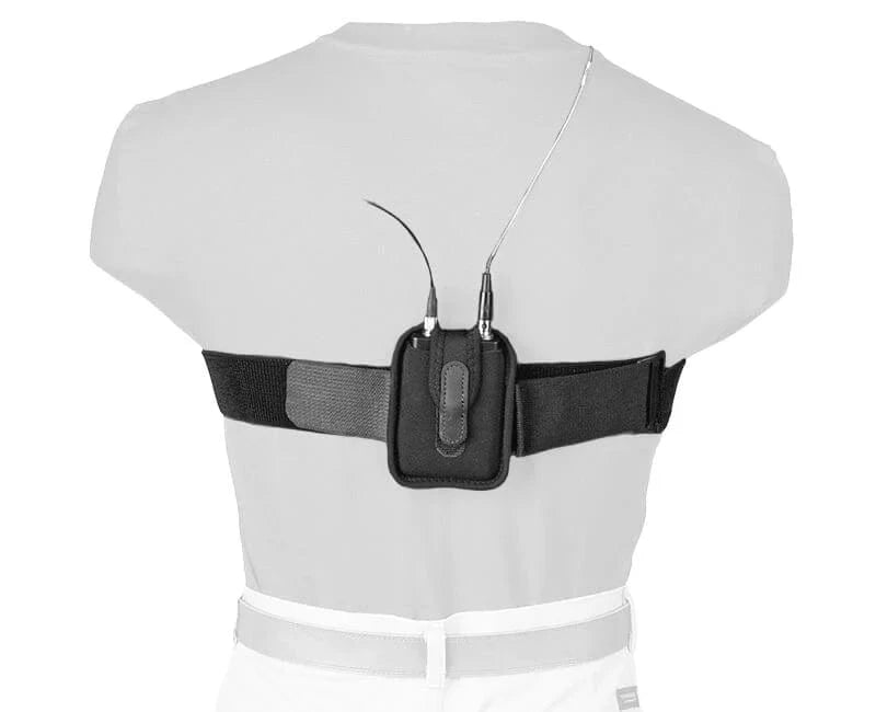 Neotech Wireless Performance Pouch worn on its elastic band across a performer's back, mic cable and antenna at the top