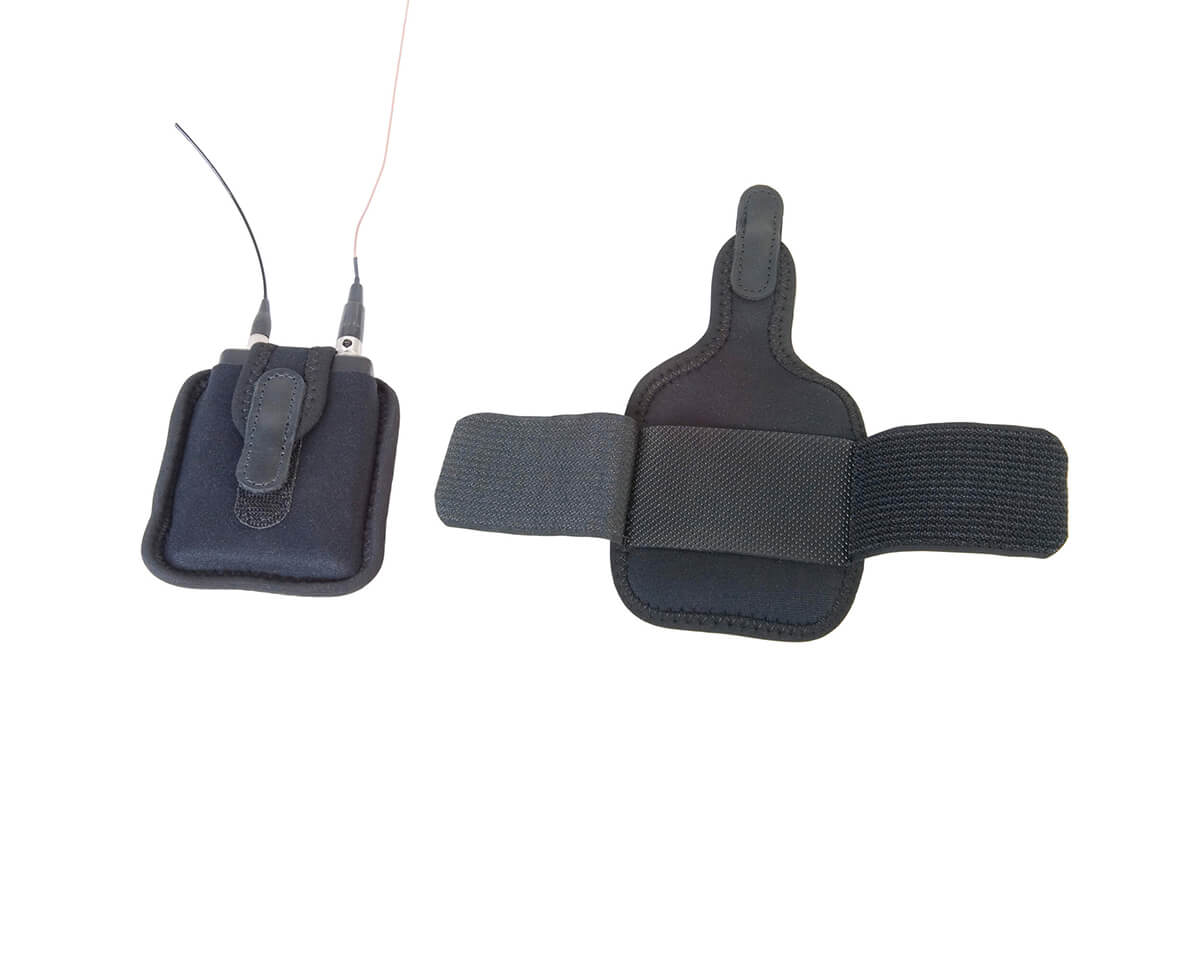 Neotech Wireless Performance Pouch holding a transmitter with antenna and cable, beside the pouch back on its elastic band