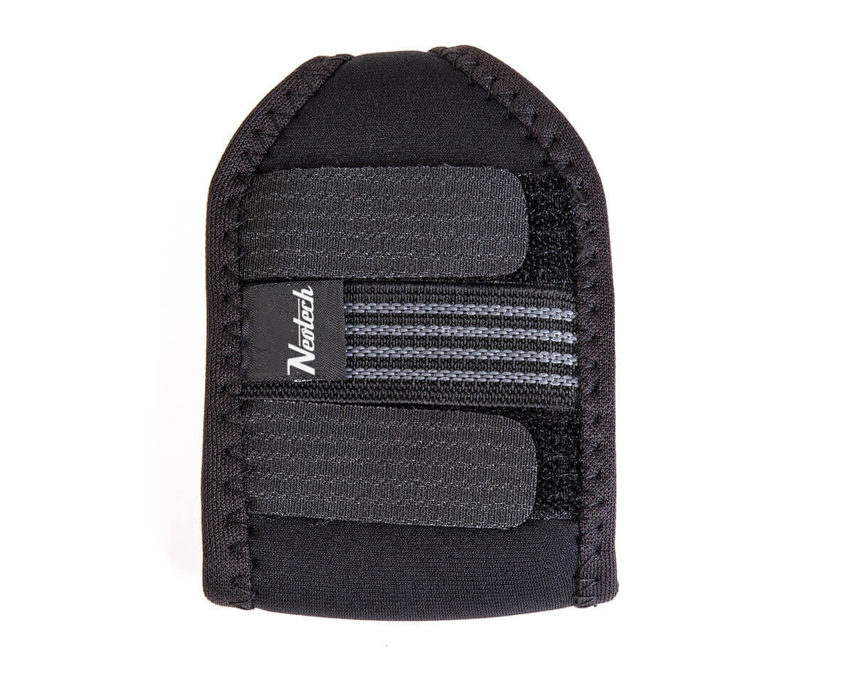 Back of the Neotech Wireless Pouch showing two hook-and-loop straps, elastic gripper band and Neotech label
