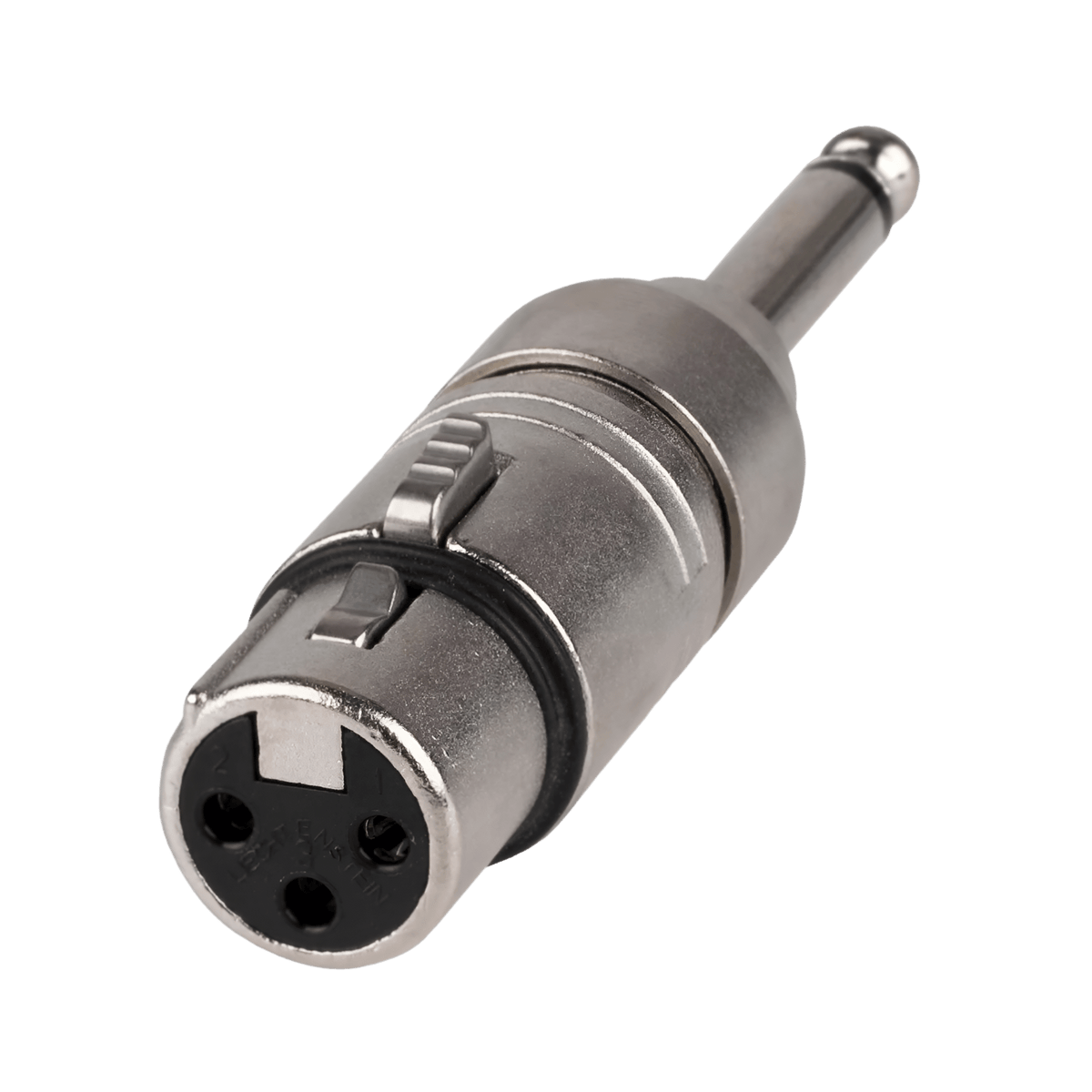 Neutrik NA2FP adaptor, nickel diecast body with 3-pin female XLR socket and latch at one end, mono jack plug at the other
