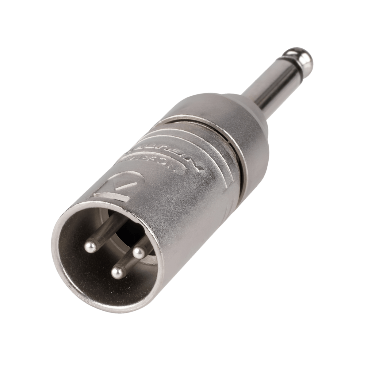 Neutrik NA2MP adaptor, nickel diecast body with 3-pin male XLR pins at one end and a mono jack plug at the other