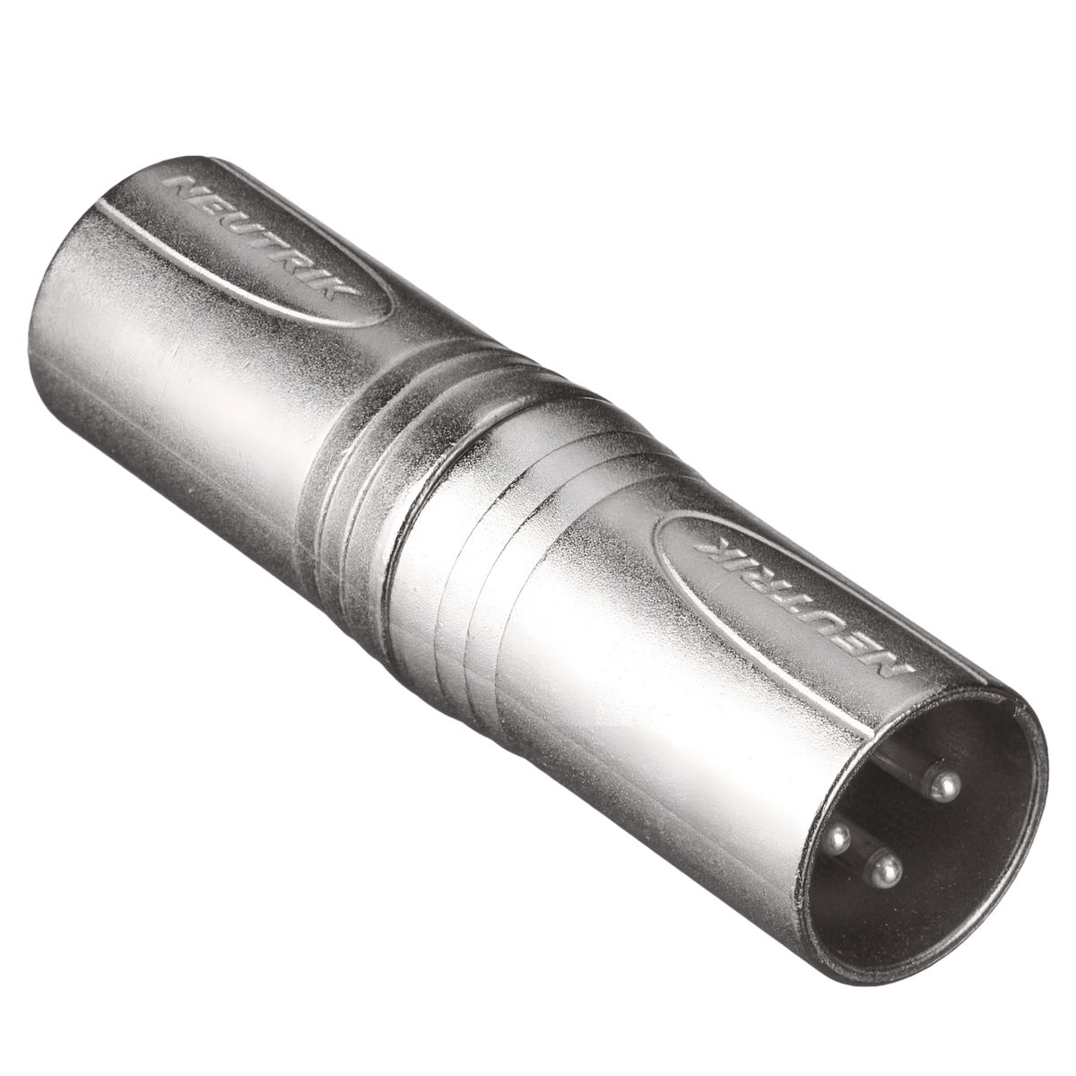 Neutrik NA3MM gender changer, nickel diecast body with Neutrik logo and 3-pin male XLR pins at each end