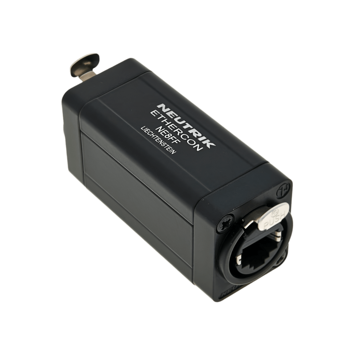 Neutrik NE8FF etherCON coupler, black housing printed Neutrik etherCON NE8FF, RJ45 receptacle with latch on the end