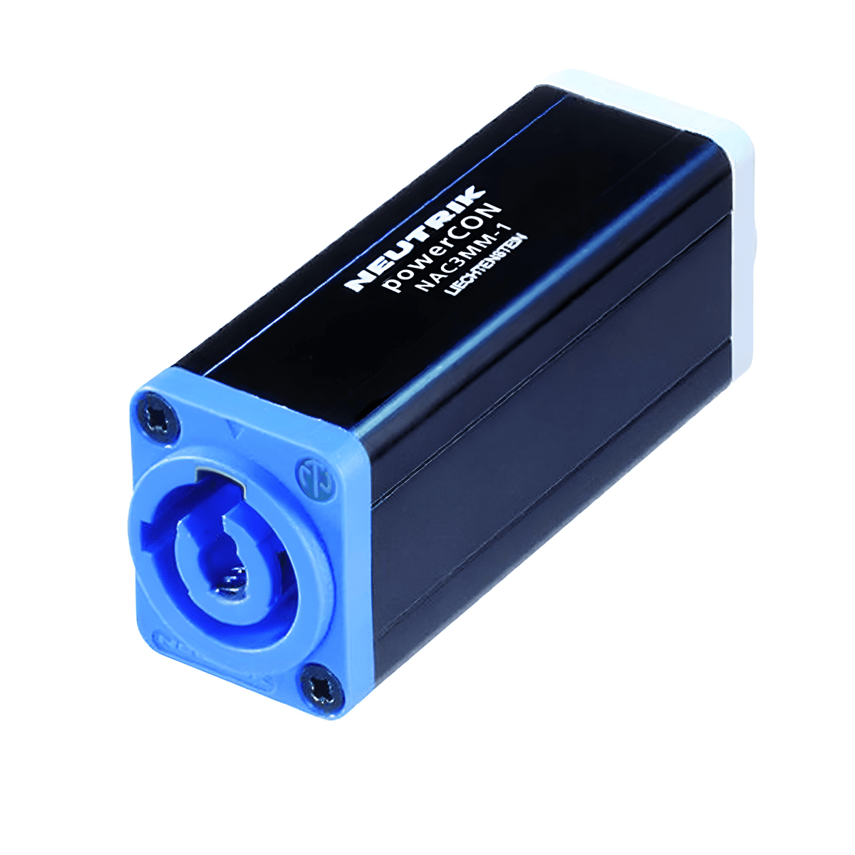Neutrik NAC3MM-1 powerCON coupler, black body printed Neutrik powerCON NAC3MM-1, blue power-in receptacle facing forward