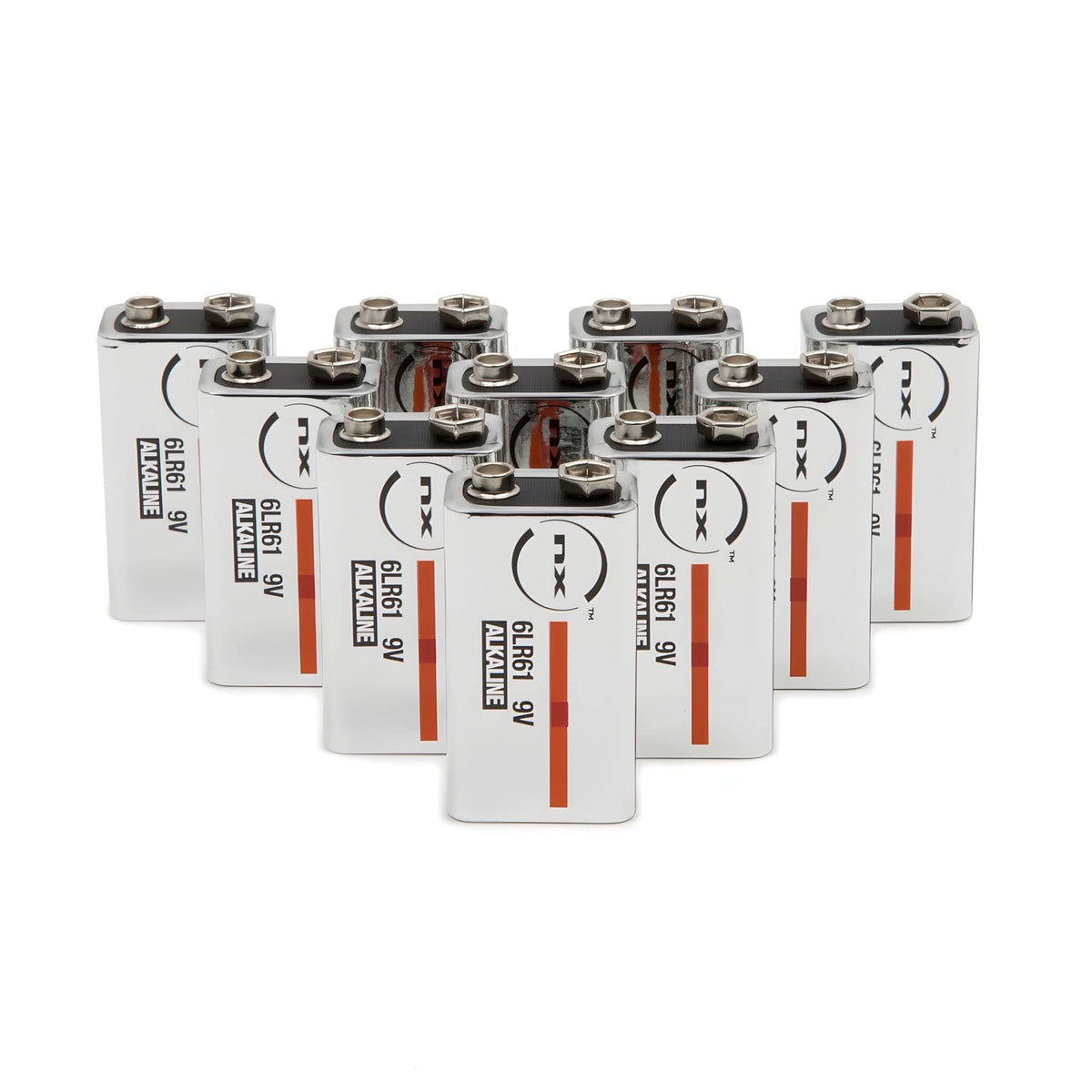 Ten NX 6LR61 9V alkaline batteries standing in rows on white, silver casings with orange stripe and snap terminals