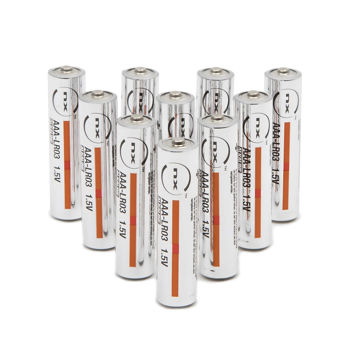 Ten NX alkaline batteries labelled AAA-LR03 1.5V standing in rows on a white background