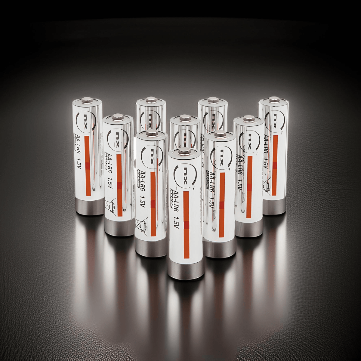 Ten NX AA LR6 1.5V alkaline batteries standing in rows on a dark reflective surface