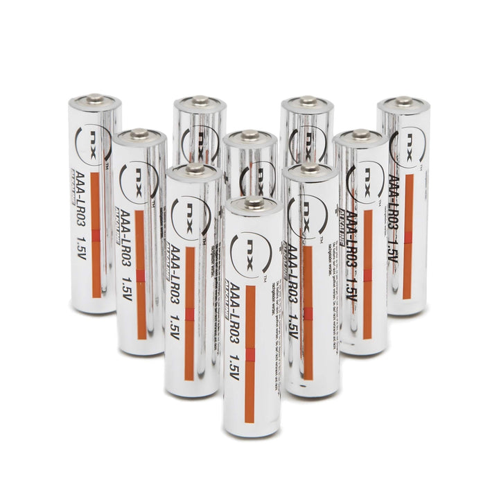 Ten NX AAA LR03 1.5V alkaline batteries standing in rows on white, silver casings with orange stripe