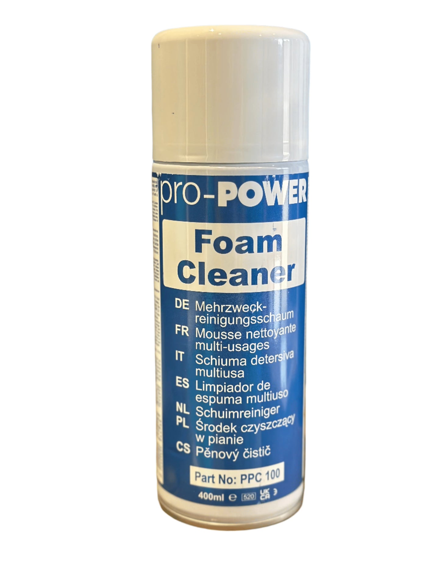 Pro-Power Foam Cleaner PPC100 400ml aerosol can, blue and white label with product name in seven languages