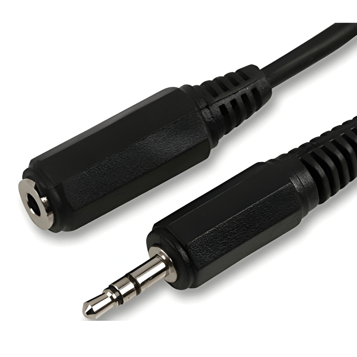 Pro-Signal 3.5mm headphone extension cable, black moulded 3.5mm stereo plug and 3.5mm socket with ribbed strain reliefs