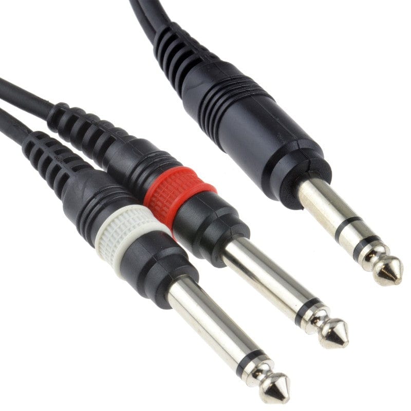 Split jack cable: 1/4" stereo jack plug beside two 1/4" mono jack plugs with red and white collars, black cable