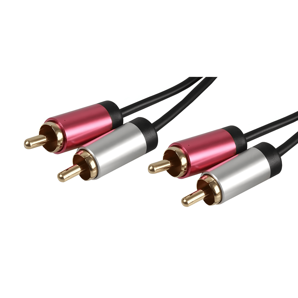Pro-Signal PSG3198 phono lead pair, both ends shown with red and silver aluminium RCA plugs and gold-plated pins