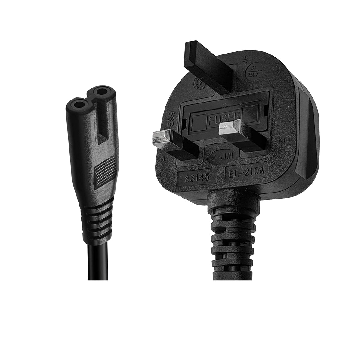 Black mains lead with a moulded UK plug shown pin side and an IEC C7 figure-8 connector