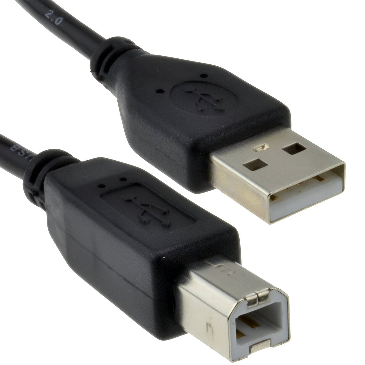 Black USB 2.0 cable with a USB-A plug and a USB-B plug, 2.0 printed on the cable jacket