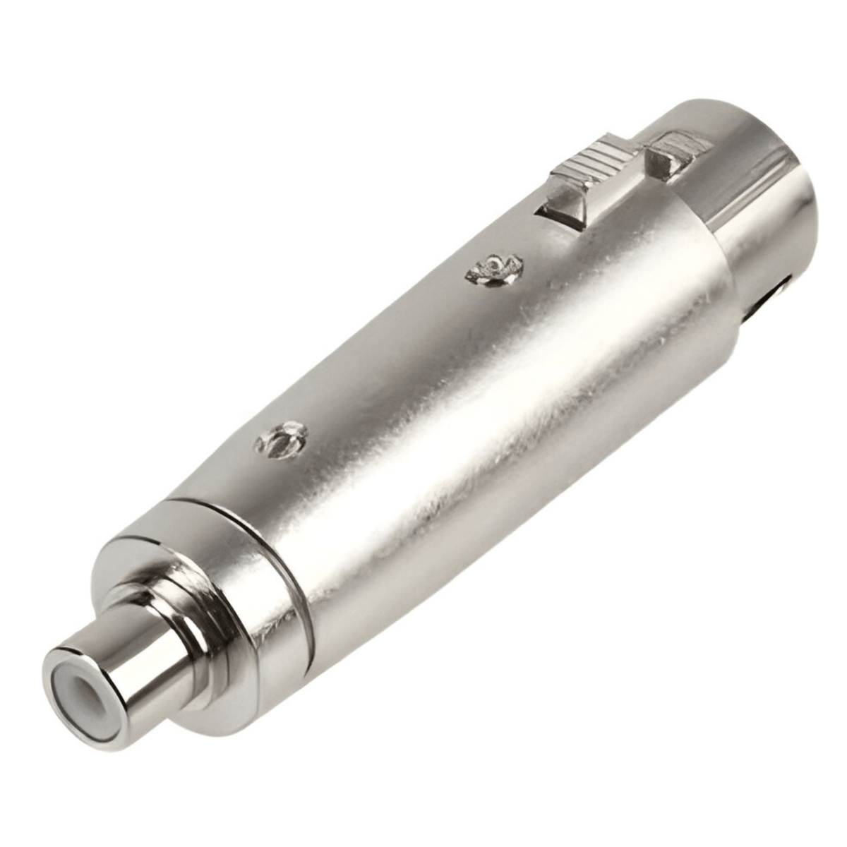 Pro-Signal XLR to phono adaptor: silver metal barrel, latching female XLR socket one end, RCA phono socket the other