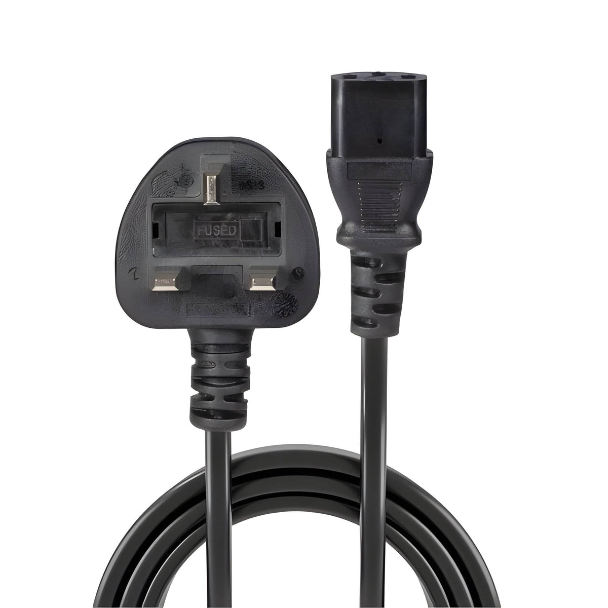 Pro-Elec kettle lead, UK plug pin side marked FUSED beside the IEC C13 connector, black cable coiled below