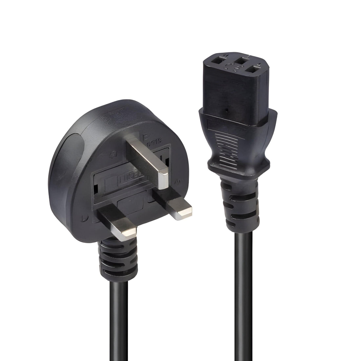 Pro-Elec kettle lead, black moulded UK 13A plug and IEC C13 connector shown at an angle