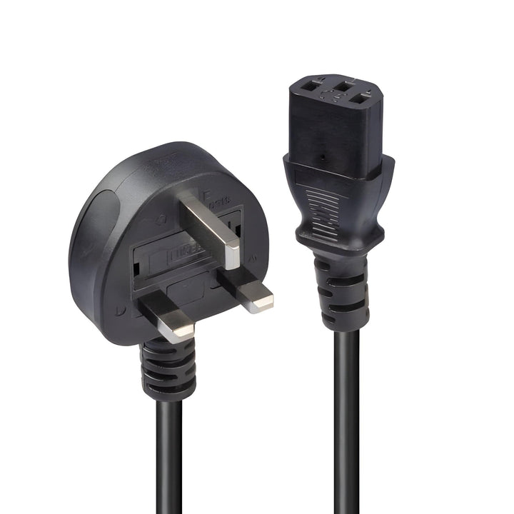 Pro-Elec kettle lead, black moulded UK 13A plug and IEC C13 connector shown at an angle