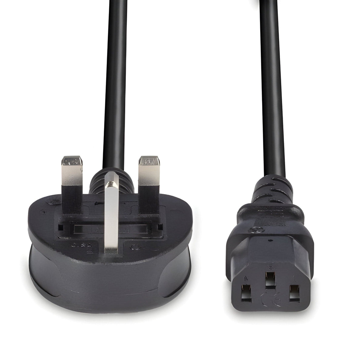 Pro-Elec kettle lead, UK plug with pins upright next to the three-contact face of the IEC C13 connector