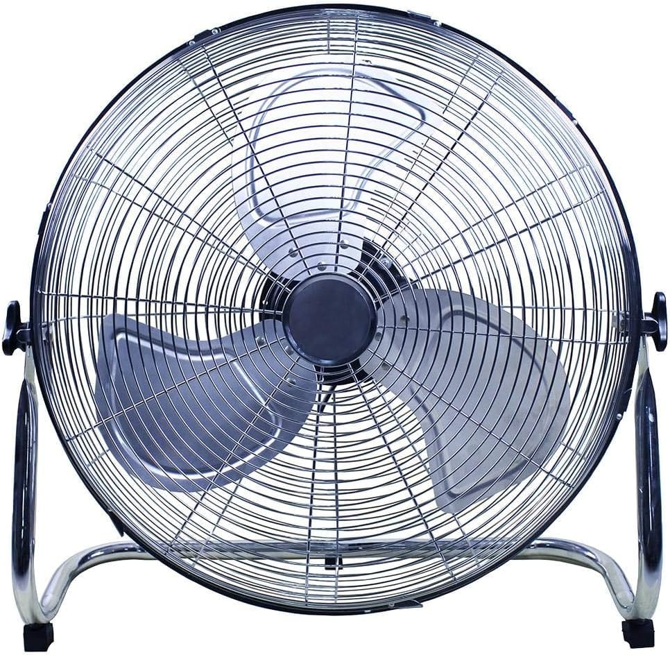 Pro Elec 18 inch high velocity floor fan in silver chrome, front view with three blades, wire guard and tilting stand
