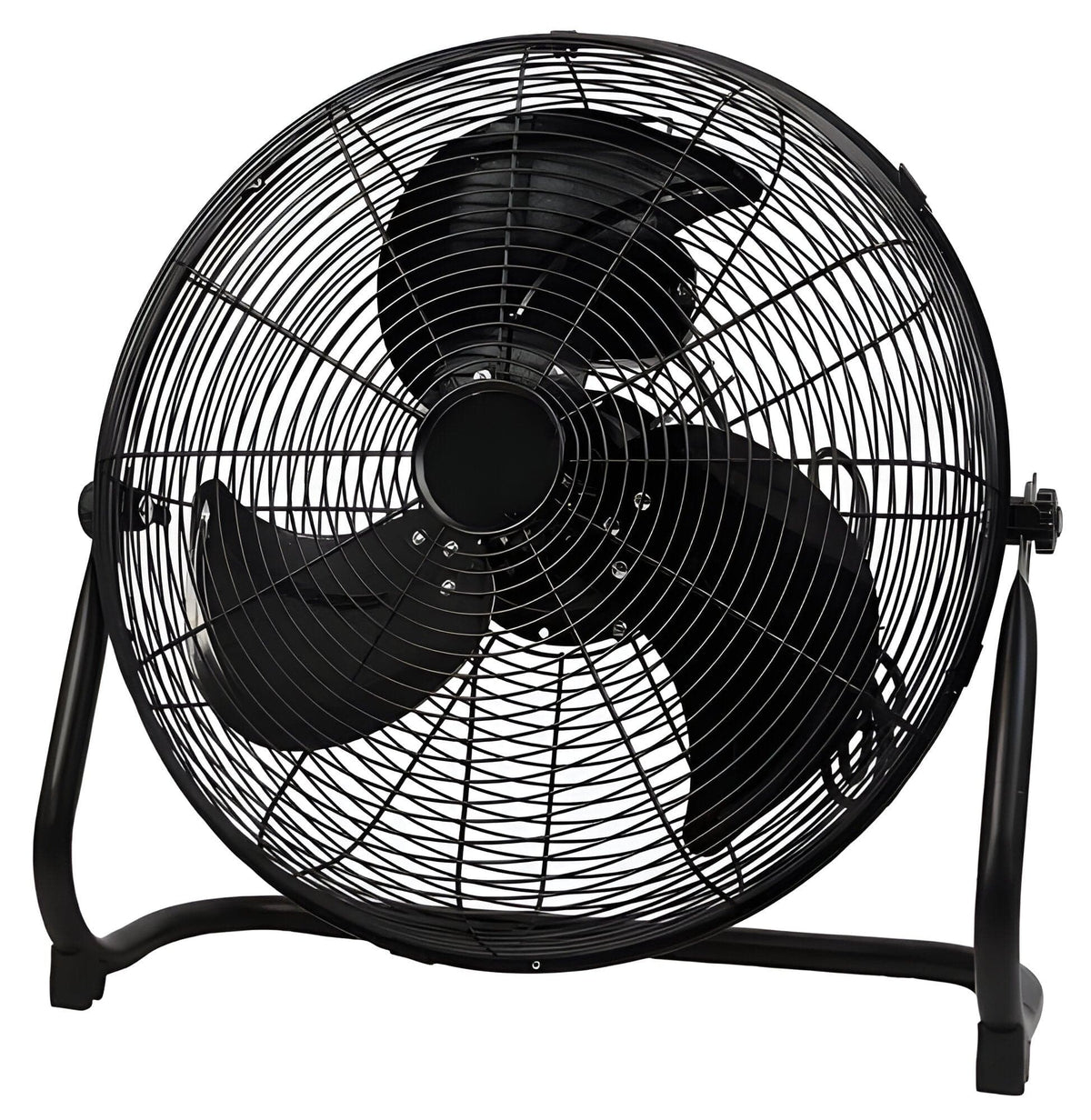 Pro Elec 18 inch high velocity stage fan in black, front view: three blades behind a wire guard on a U-shaped stand
