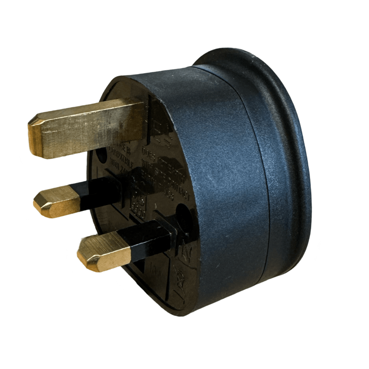 UK 3-pin plug end of the black Pro-Elec world to UK adaptor, brass pins with sleeved live and neutral