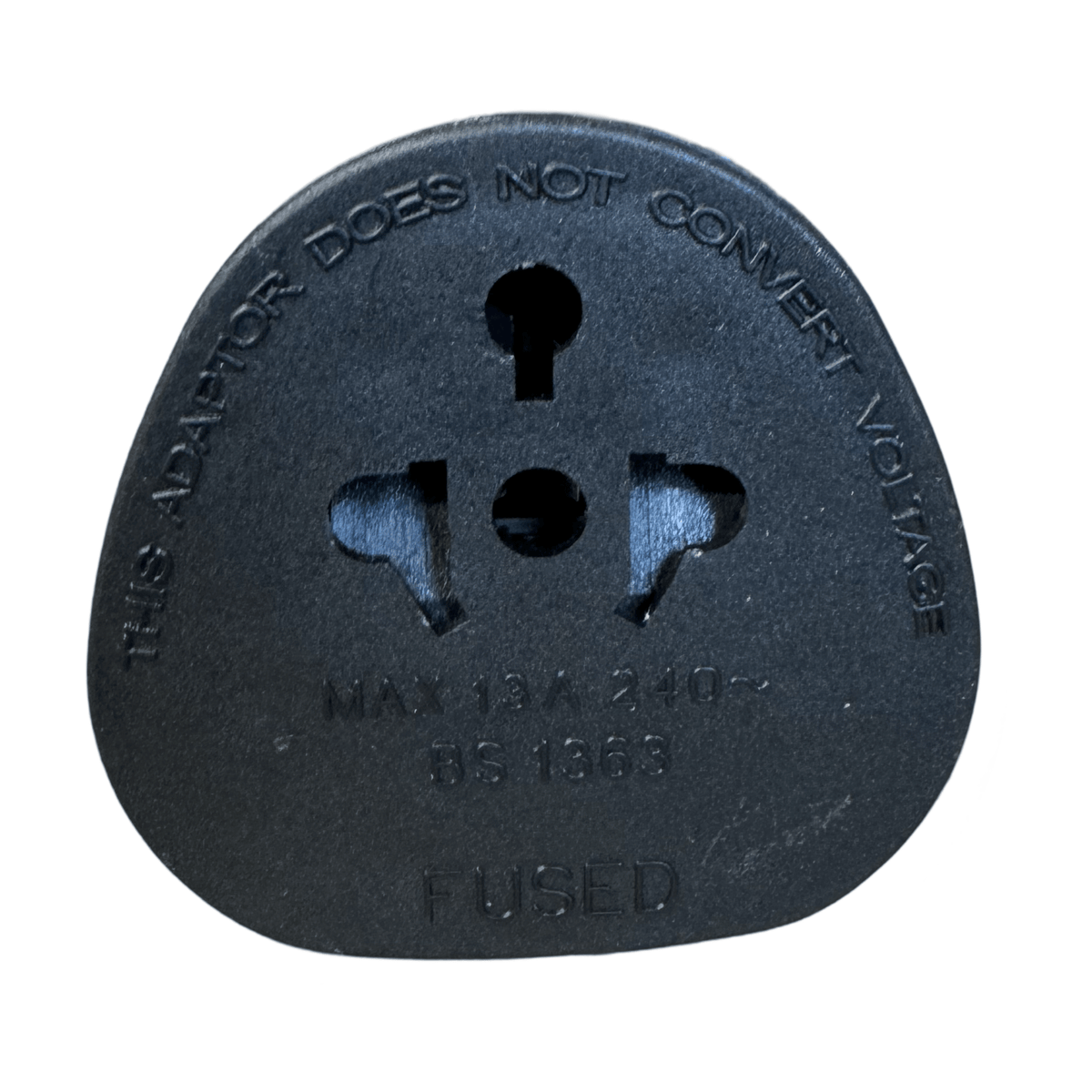 Face of the Pro-Elec world to UK adaptor marked This adaptor does not convert voltage, Max 13A 240V~ and Fused
