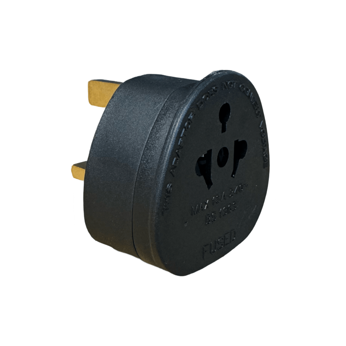 Pro-Elec world to UK travel adaptor in black, angled view of the universal socket face with UK pins behind