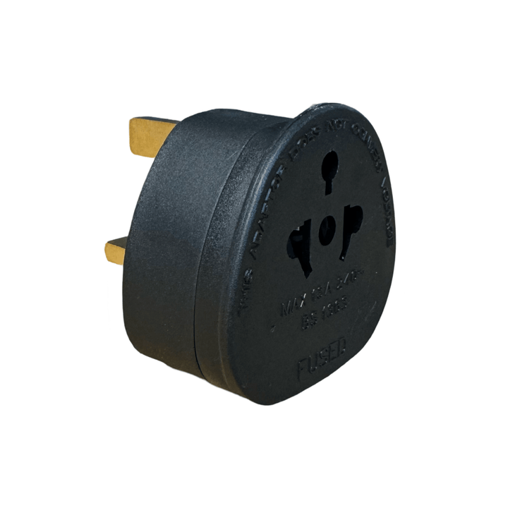 Pro-Elec world to UK travel adaptor in black, angled view of the universal socket face with UK pins behind