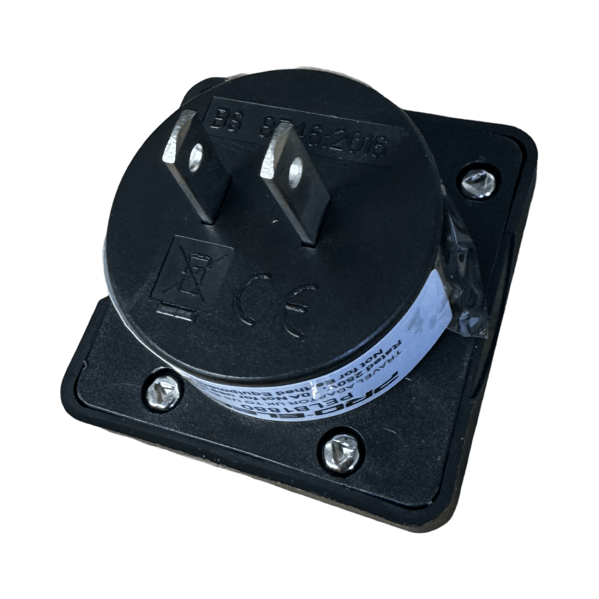 Rear of the black Pro-Elec UK to US adaptor: two flat US pins, BS 8546:2016, CE and WEEE marks, blue label