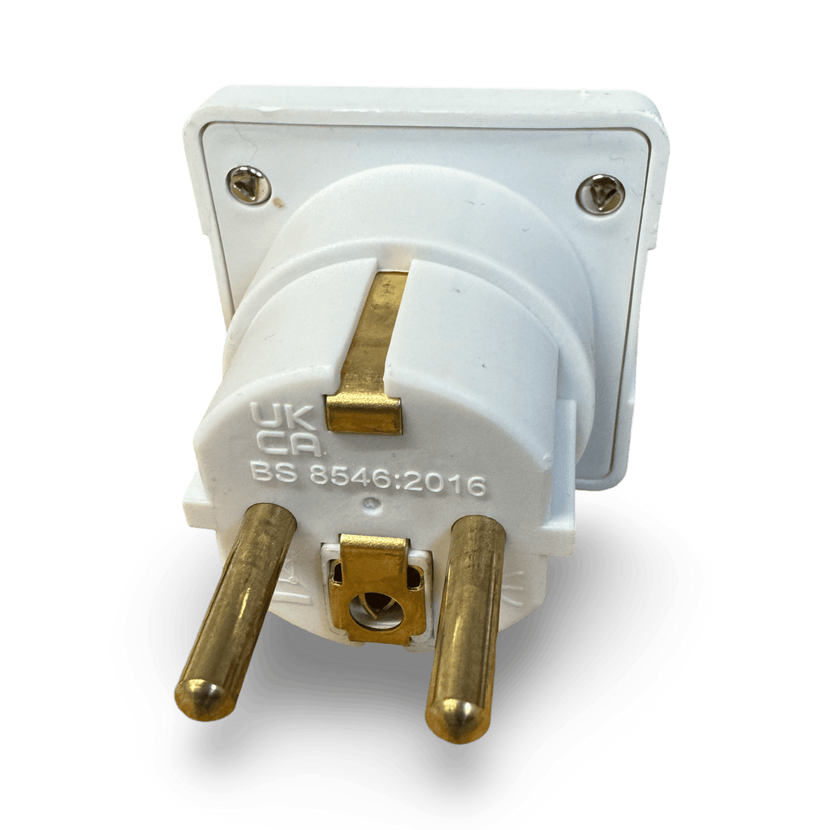Rear of the white Pro-Elec UK to EU adaptor: round pins, earth contact clip and UKCA BS 8546:2016 marking