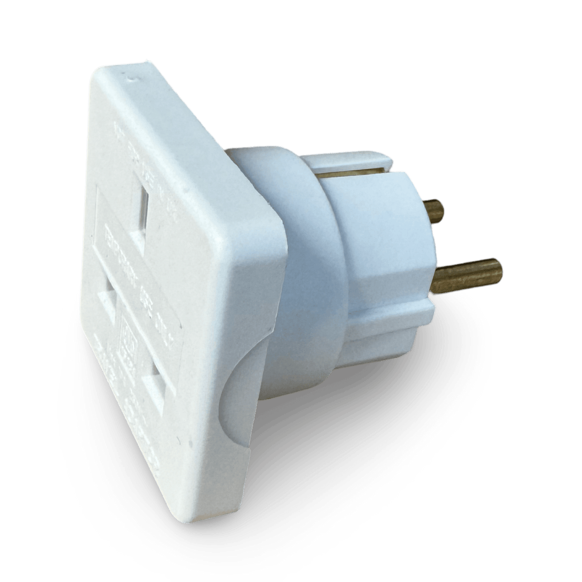 Pro-Elec UK to EU travel adaptor in white, angled view showing the two round Schuko pins