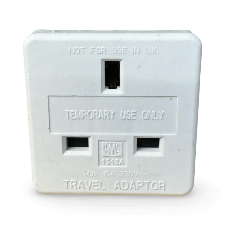 UK 3-pin socket face of the Pro-Elec EU adaptor, marked Not for use in U.K., Temporary use only, Max 10A 250V