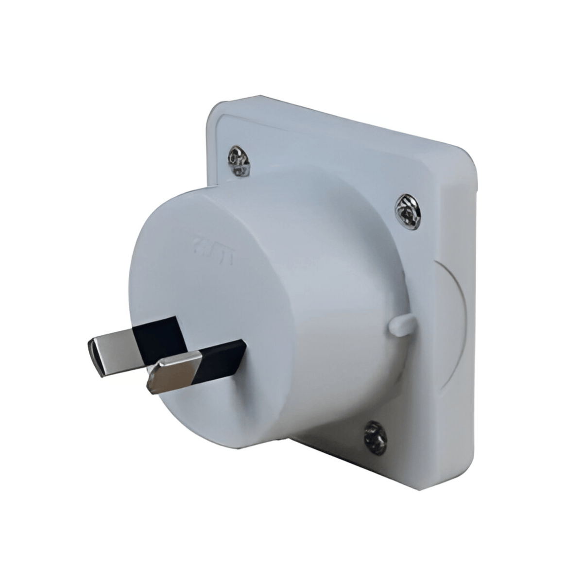 Pro-Elec UK to Australia travel adaptor in white, rear view showing the two angled flat Australian pins