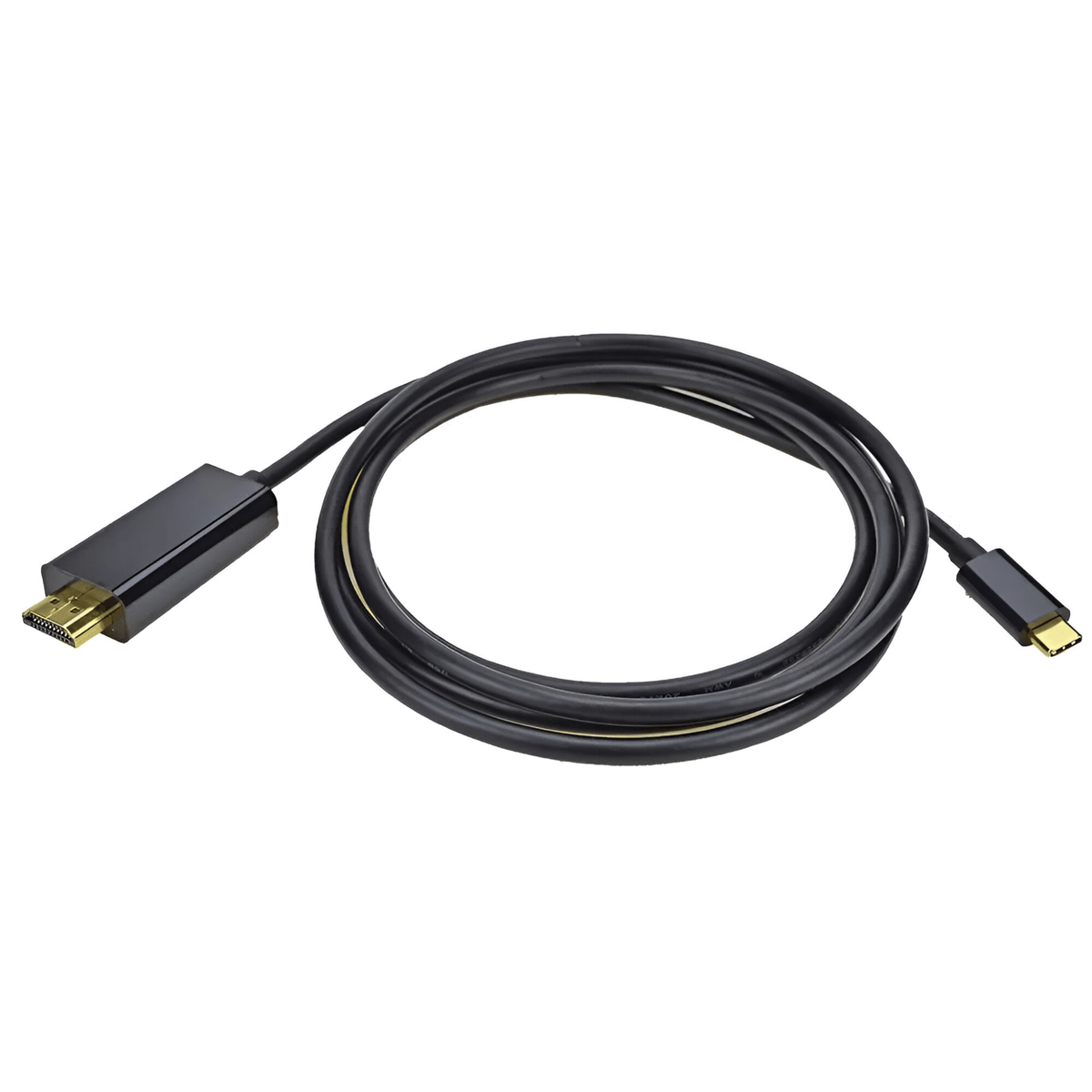 Pro-Signal USB-C to HDMI cable coiled in black, HDMI A plug on the left and USB-C plug on the right