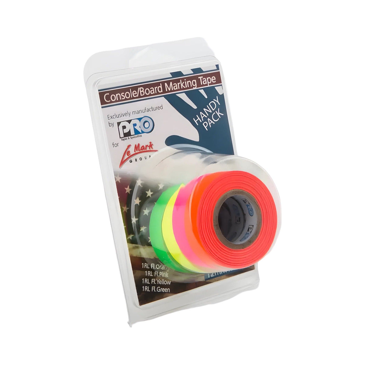 Console tape Handy Pack: four fluorescent 12mm rolls in orange, pink, yellow and green in a blister pack