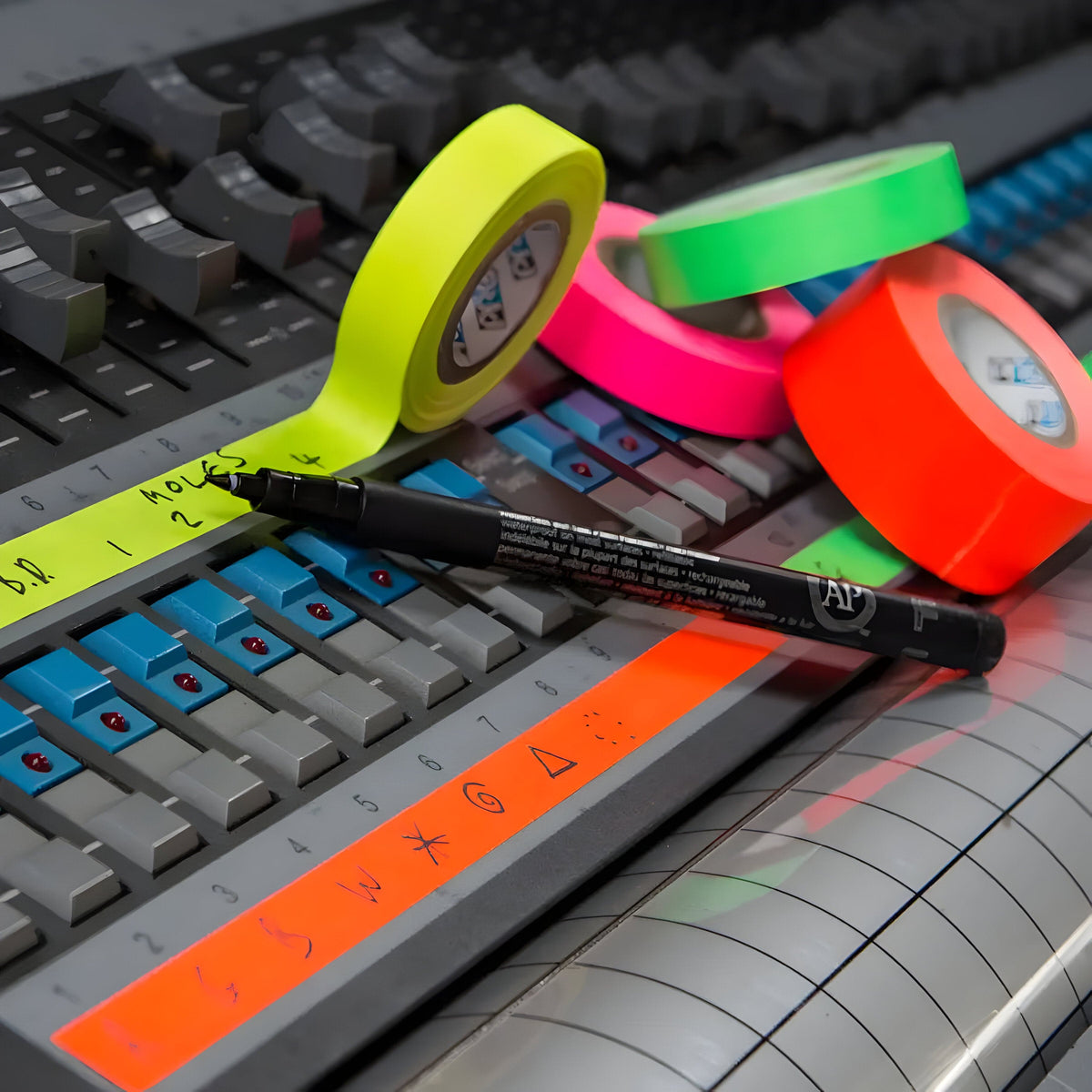 Fluorescent console tape strips on a mixing desk, labelled in marker, with a pen and rolls beside the faders