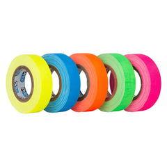 Five Pro-Gaff MiniMix 12mm spike tape rolls in fluorescent yellow, blue, orange, green and pink