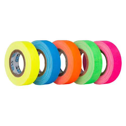 Five Pro-Gaff MiniMix 12mm spike tape rolls in fluorescent yellow, blue, orange, green and pink