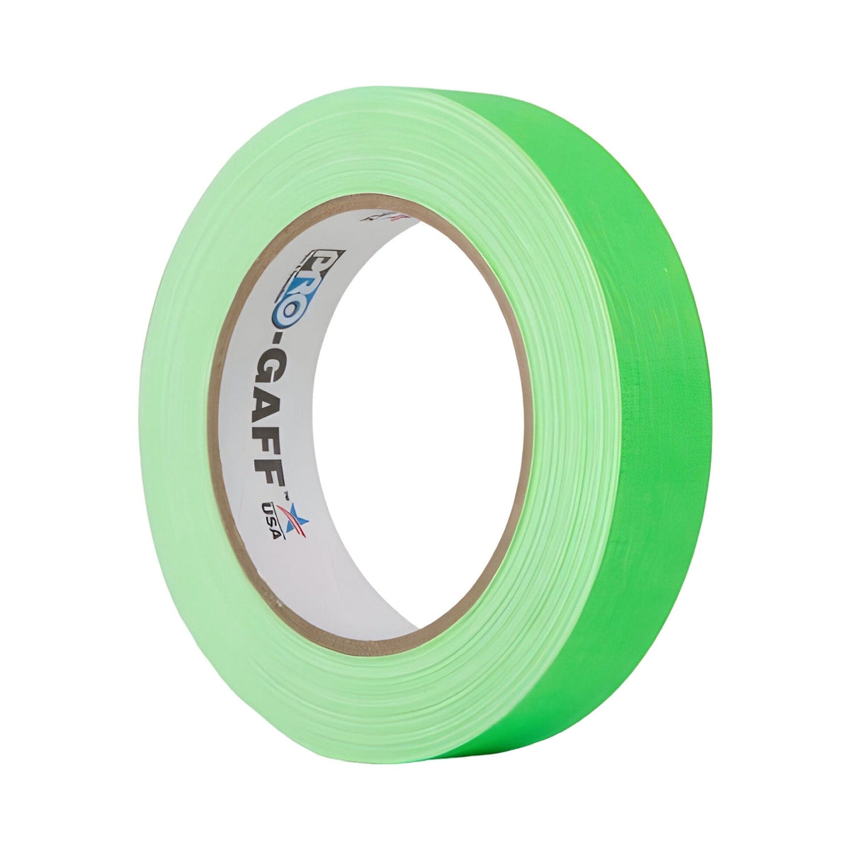 Narrow 24mm roll of Pro-Gaff fluorescent green gaffer tape, three-quarter view showing the Pro-Gaff USA core print