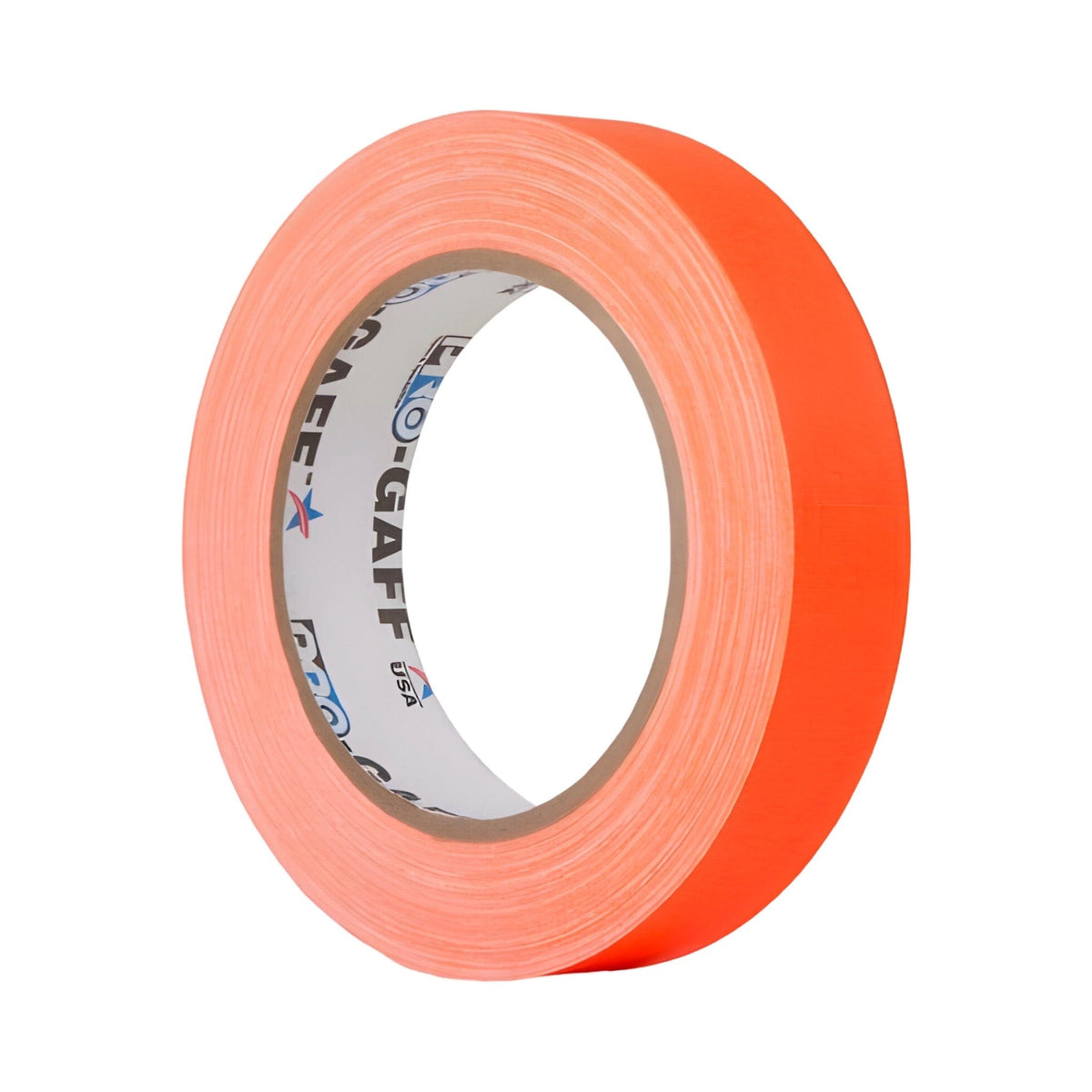 24mm Pro-Gaff fluorescent orange gaffer tape roll, angled view of the matt cloth surface and printed core