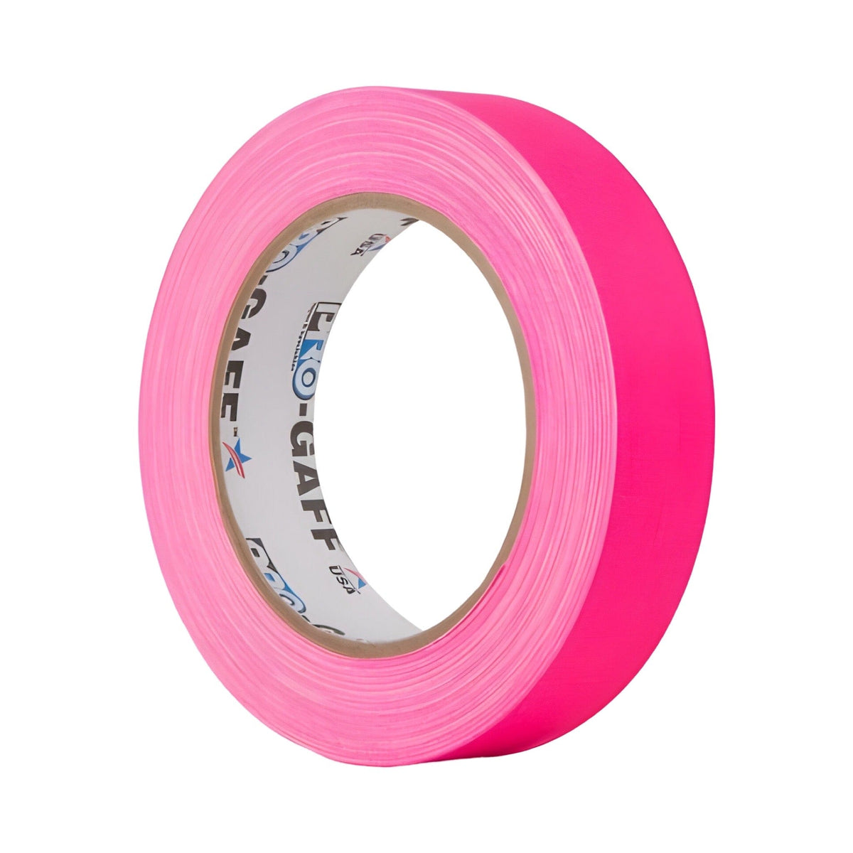 Fluorescent pink Pro-Gaff 24mm gaffer tape roll, angled view