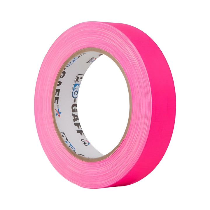 Fluorescent pink Pro-Gaff 24mm gaffer tape roll, angled view