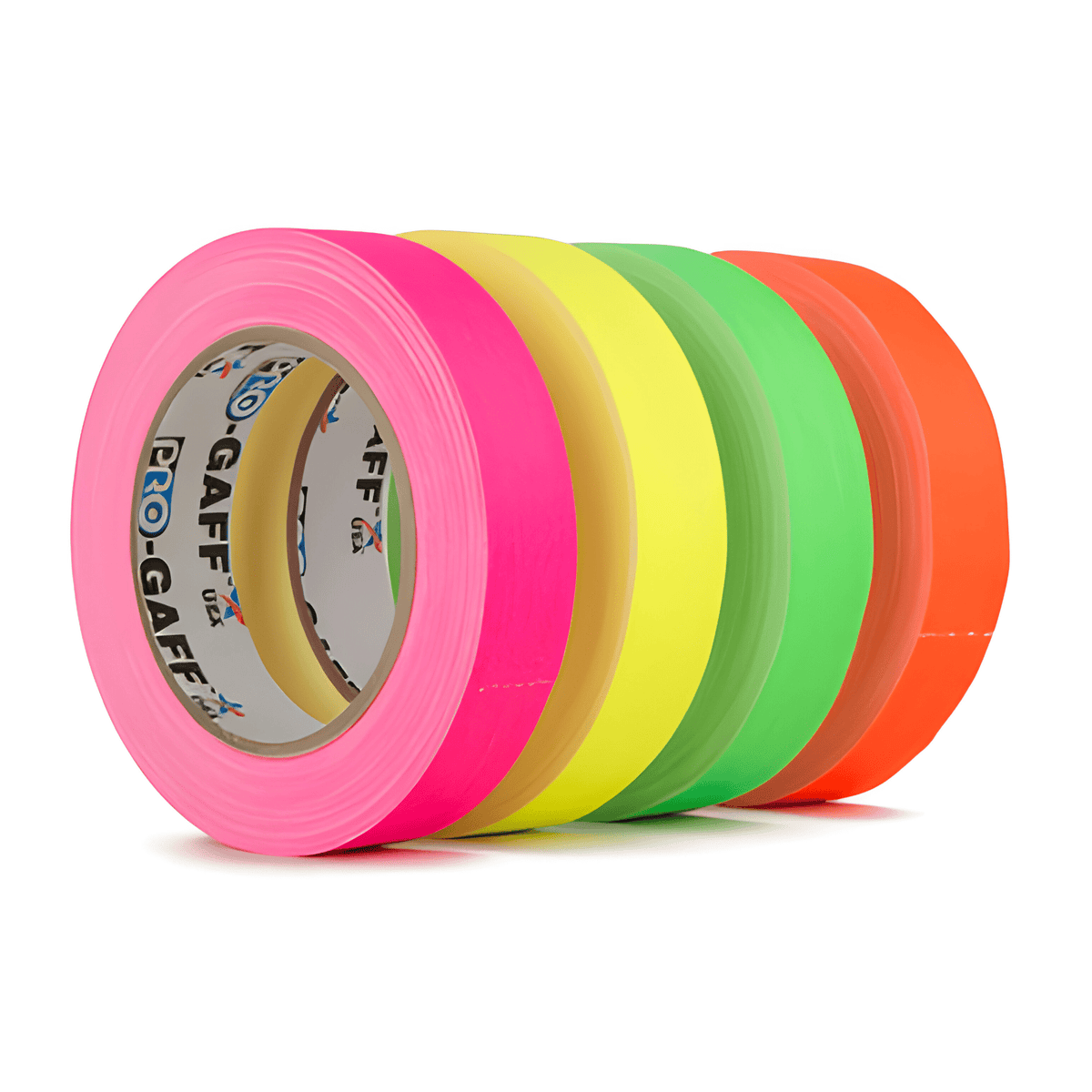 Pro-Gaff fluorescent gaffer tape rolls side by side in pink, yellow, green and orange