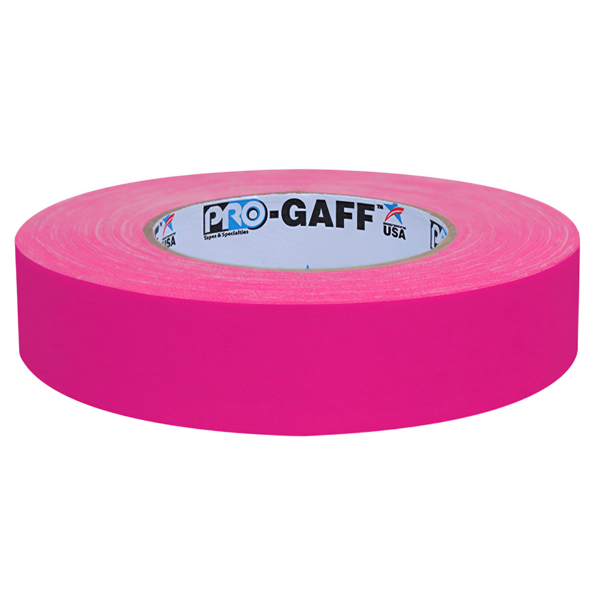 Pink Pro-Gaff 24mm gaffer tape roll lying flat, showing the Pro-Gaff USA core label