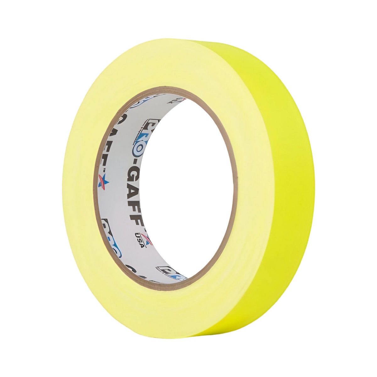 Pro-Gaff fluorescent yellow 24mm gaffer tape roll, three-quarter view with the Pro-Gaff USA printed core