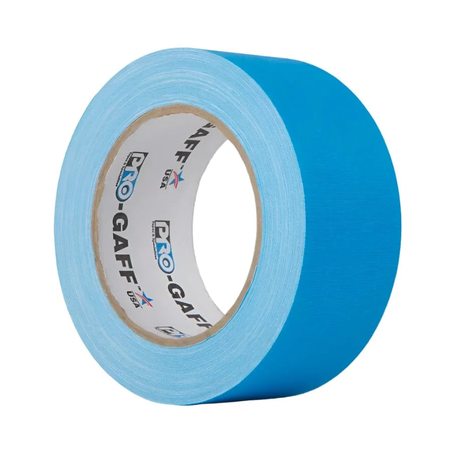 Pro-Gaff fluorescent blue 48mm gaffer tape roll, three-quarter view showing the matt cloth edge and Pro-Gaff USA core