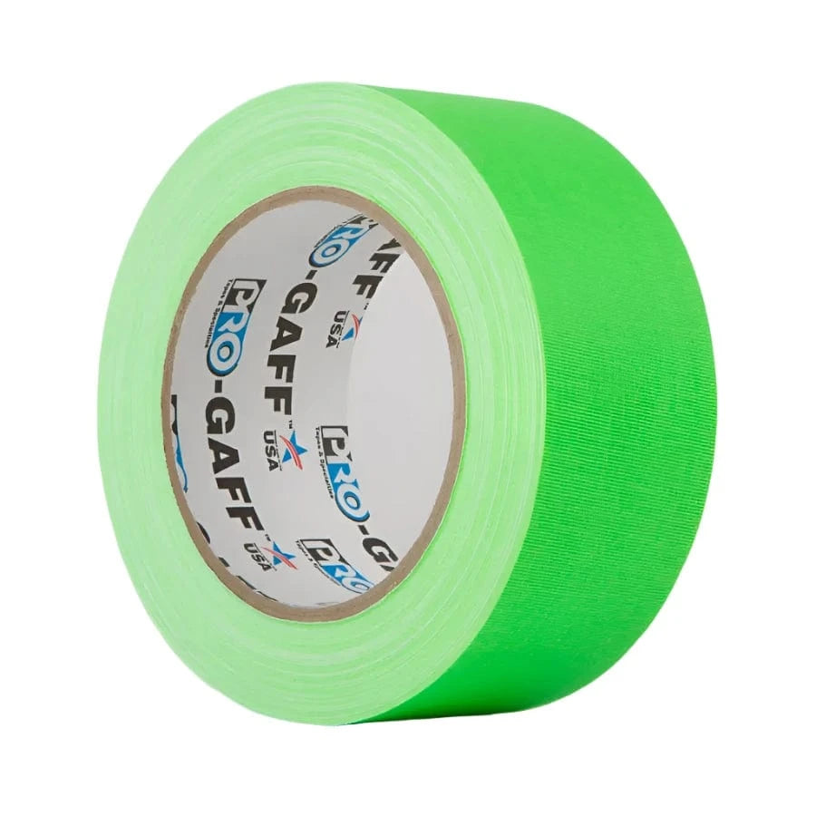 Pro-Gaff fluorescent green 48mm gaffer tape roll, angled to show the wide matt cloth face and printed Pro-Gaff core