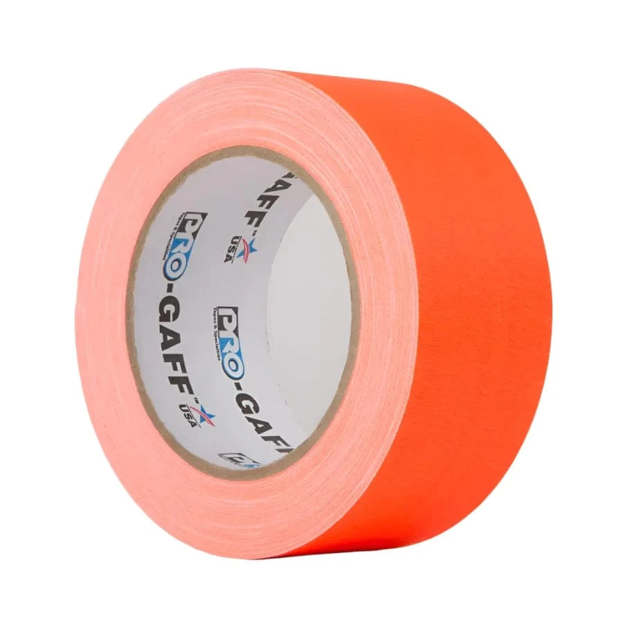 Fluorescent orange Pro-Gaff 48mm gaffer tape roll on white, three-quarter view with Pro-Gaff logo on the core