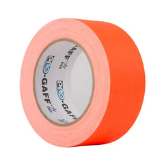Fluorescent orange Pro-Gaff 48mm gaffer tape roll on white, three-quarter view with Pro-Gaff logo on the core
